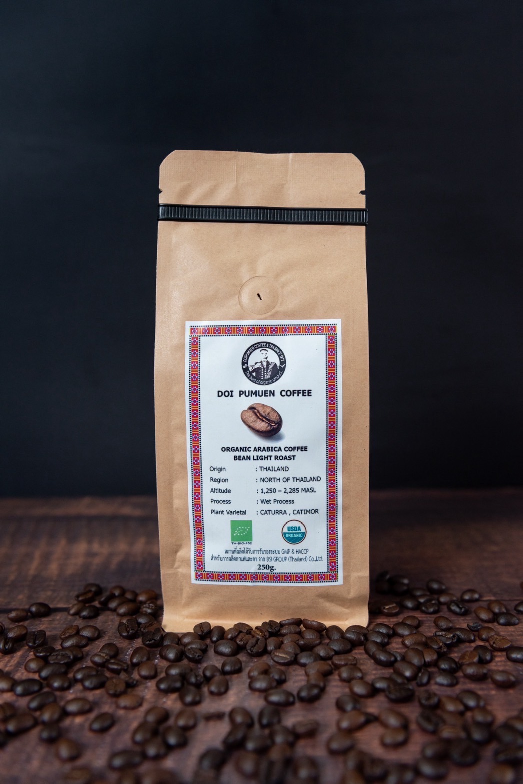 เมล็ดกาแฟอราบิก้าแท้ ออร์แกนิค คั่วอ่อน (ตราดอยปู่หมื่น) 250 กรัม Organic arabica coffee beans light roasted (Doi Pumuen Brand) 250g